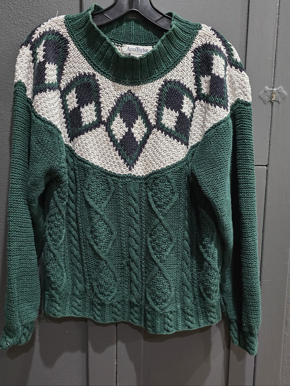 Ann Taylor Forest Green Cable Knit Sweater with Cream & Navy Yoke